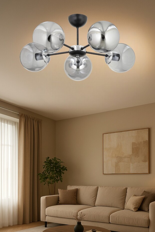 Güneş 5 Li Plafonyer Avize Füme Glob Camlı Salon Yatak Odası Mutfak - 1