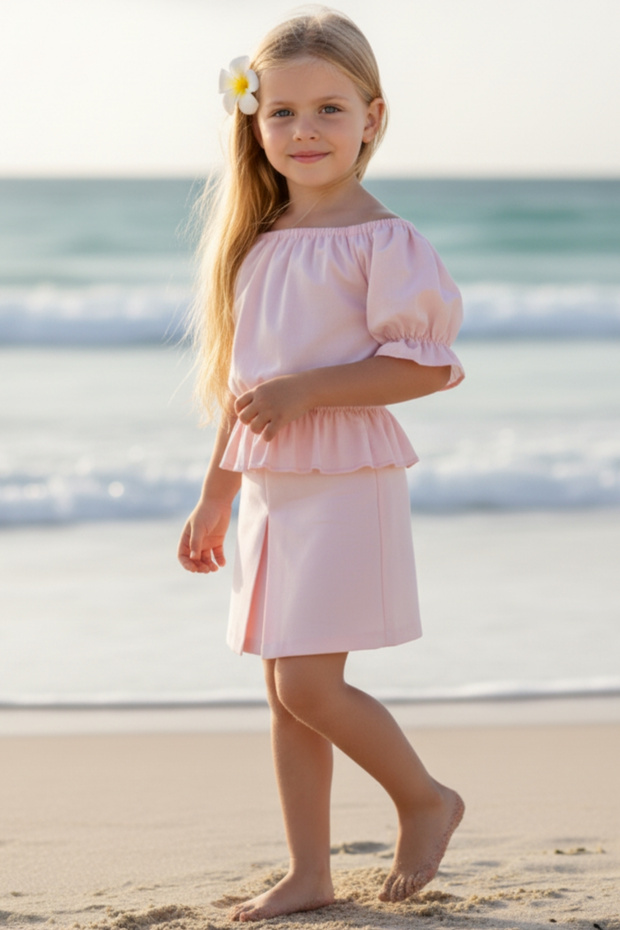 Girl's Alina Madonna Powder Pink Skirt Blouse Bottom Top Set