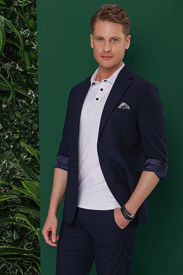 Slim Fit Mono Collar Jacket with Pocket, Flexible Cotton, Navy Blue Blazer Jacket C 639