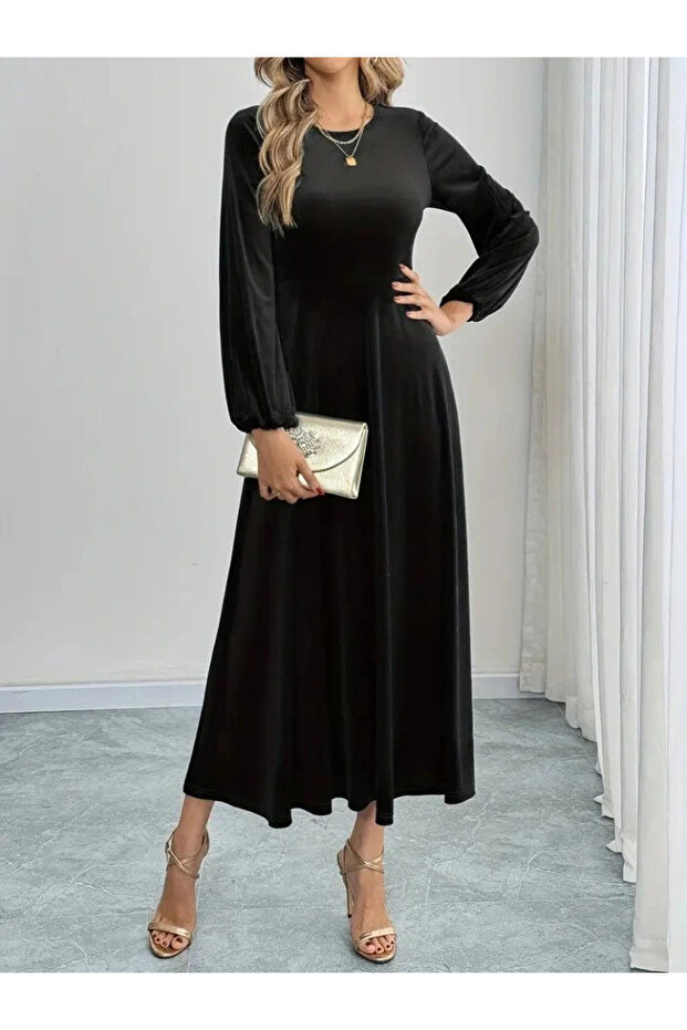 Kadın Uzun Kollu Bisiklet Yaka Midi Kadife Elbise - 2