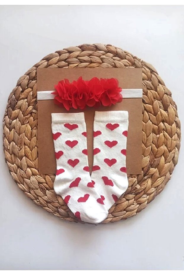 Baby Girl Floral Headband and Knee Socks Set Baby Girl Set Red Heart on Cream