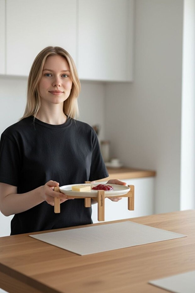 Alpina Bambu Ayaklı Seramik Sunum Tabağı 26cm, Servis Tabağı, Dekoratif Tatlı ve Kahvaltı Tabağı - 5