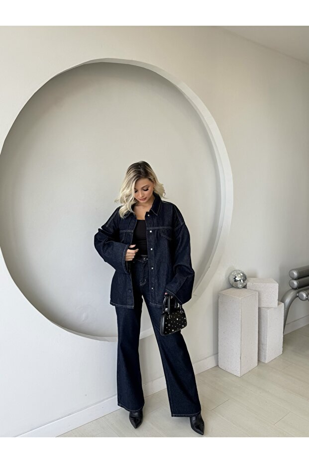 ENSADE Оверсайз-жакет з поясом з синього деніму та брюки-кльош - 7