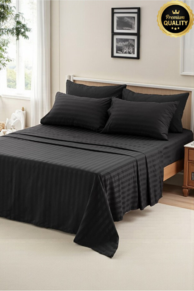 Silva Striped 100% Cotton Satin King Size Duvet Cover Set with Elastic Fitted Sheet Hotel Luxury