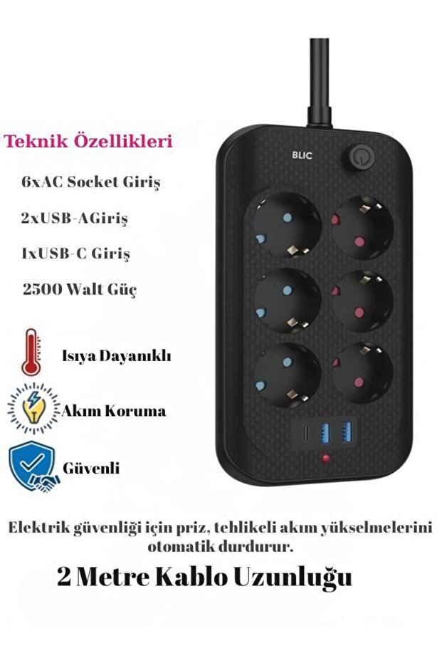 Akım Korumalı 6’lı Priz 2 USB-A + 1 USB-C Çıkışlı Isıya Dayanıklı Çoklu Akıllı Priz - 2