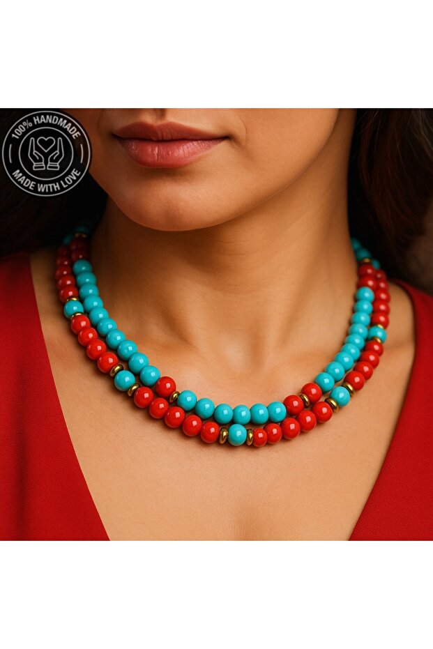 Turquoise Coral Communication and Healing and 2 Row Necklace Against Evil Eye