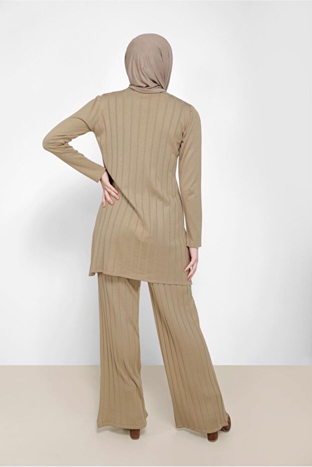 سروال مزدوج أساسي منقوش ذاتيًابدلة تريكو 42081 - 3