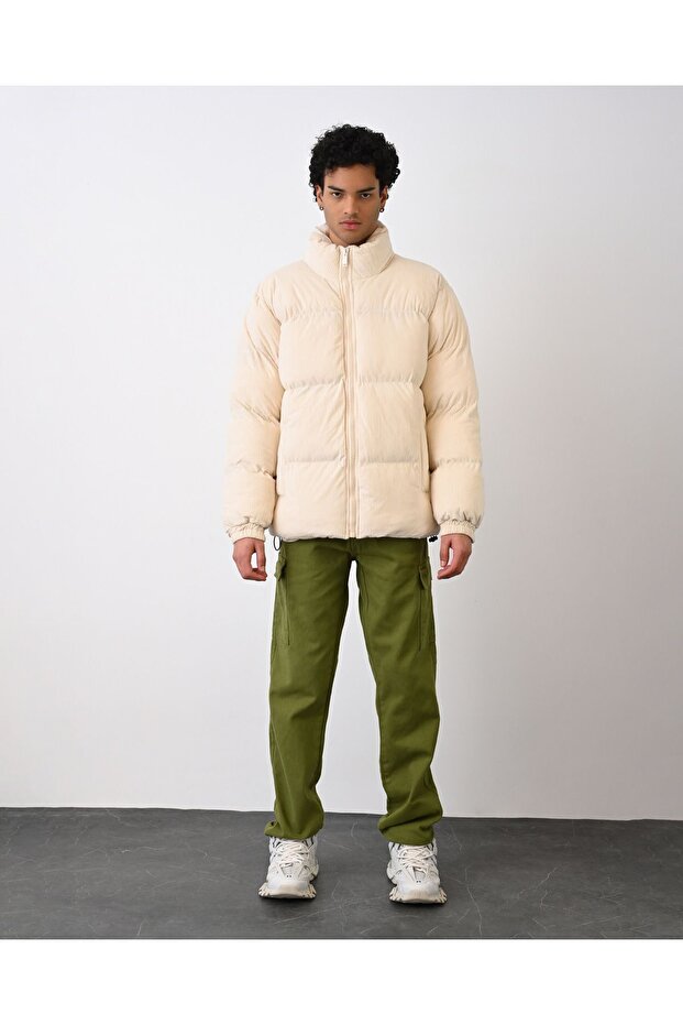 Kalın Krem Fitilli Kadife Şişme Mont - 3