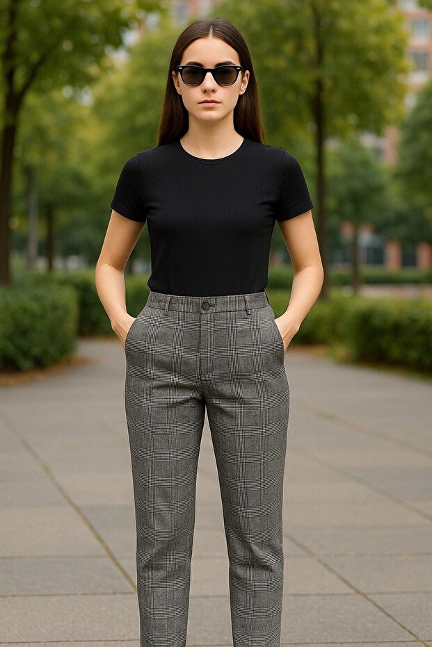 Women's Black Striped Pants – High Waist, Carrot Leg, Relaxed Fit for Everyday and Office Chic