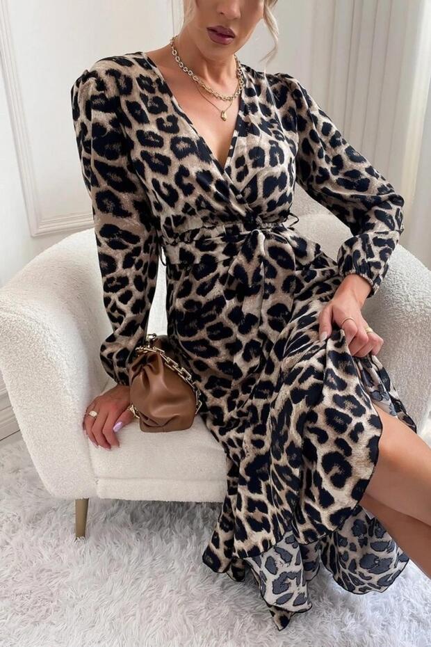 Leopar Desenli Kruvaze Anvelop - 61279 Elbise - 2