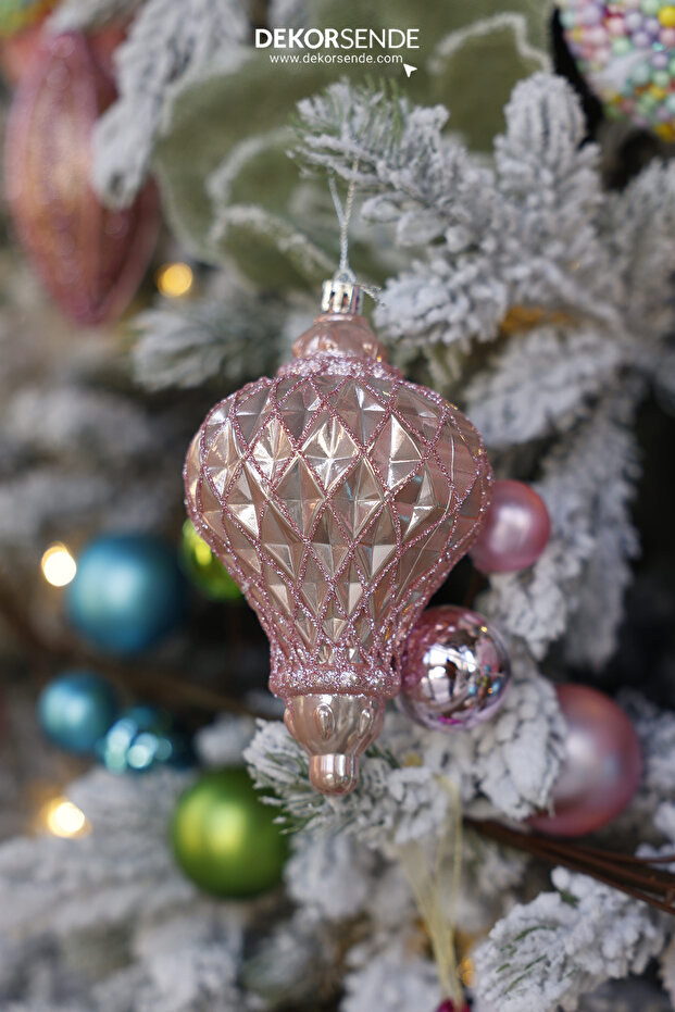 New Year's Ornament Diamond Patterned Set of 2 Shiny Balls Pink 10 cm