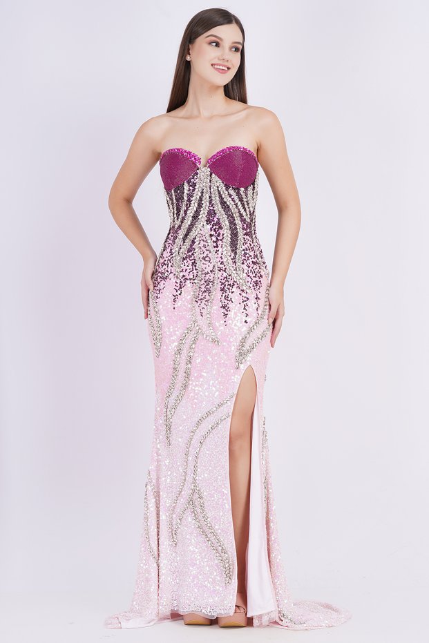 Corset Long Dress Beading with Crystals in Rose Mist to Crimson Wine Colour