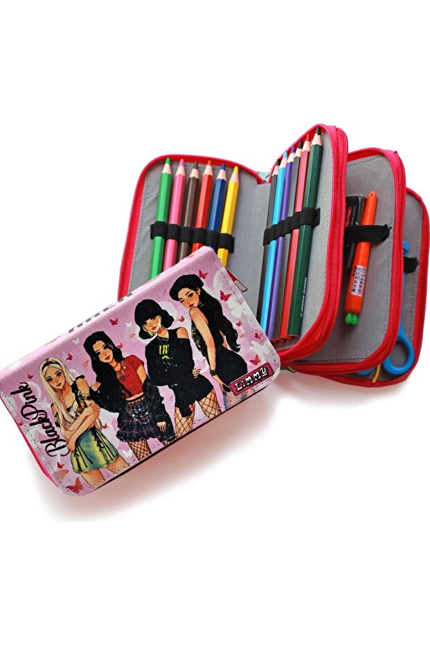 Blackpink Butterfly Pencil Case Kawai Organizer Pencil Case Vegan Leather Three Compartment Pen Holder - Pink