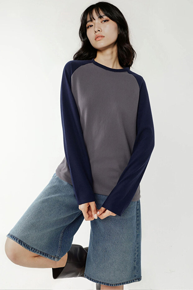 Bisiklet Yaka Raglan Uzun Kol Waffle Üst - 1