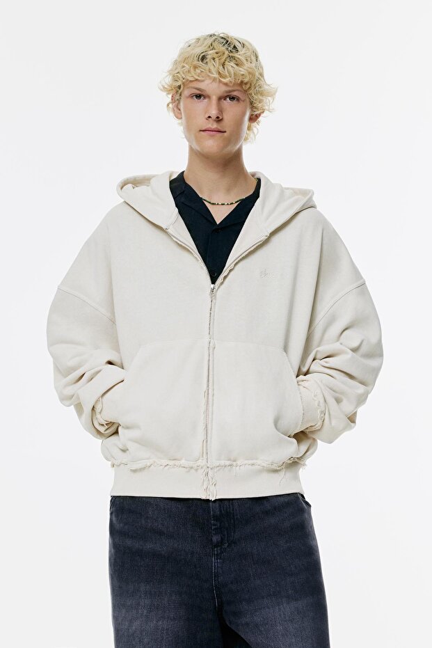 Kapüşonlu Fermuarlı Yıpranmış Sweatshirt - 3