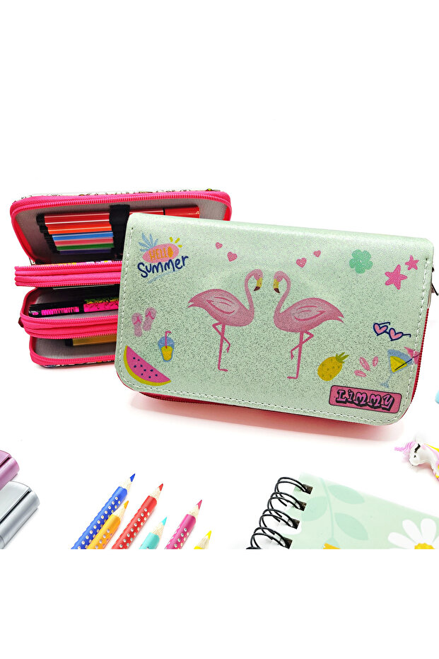 Glittery Sparkling Swan Flamingo Pencil Case Vegan Leather Pencil Case Three Compartment Pen Holder - Pink