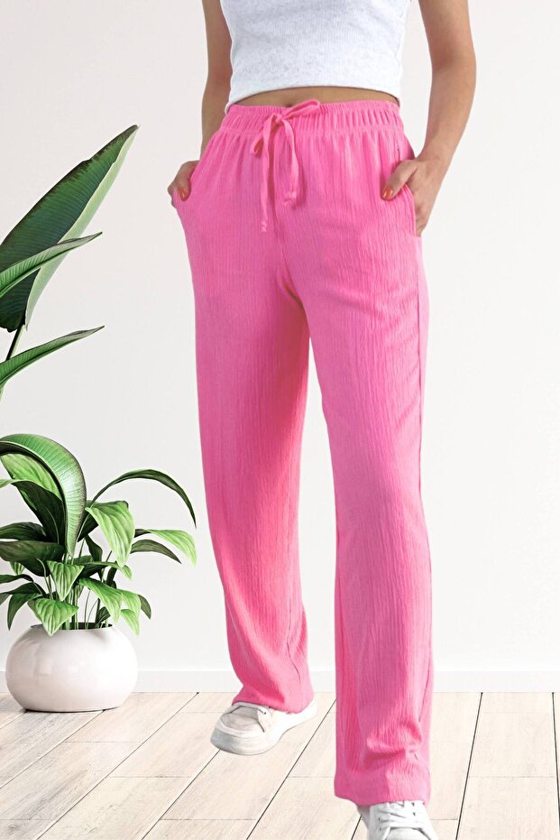 Women's Elastic Waist Shawl Pattern Printed Wrinkled Palazzo Trousers