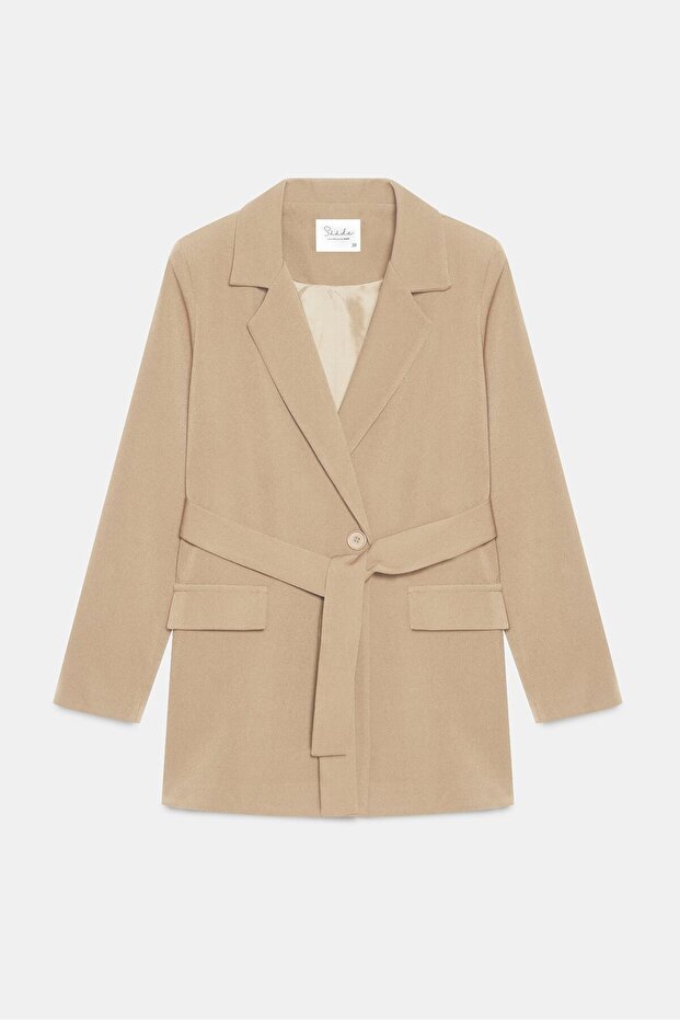 Vizon Kadın Tek Düğmeli Dokuma Kruvaze Blazer Ceket - Kuşaklı - 1