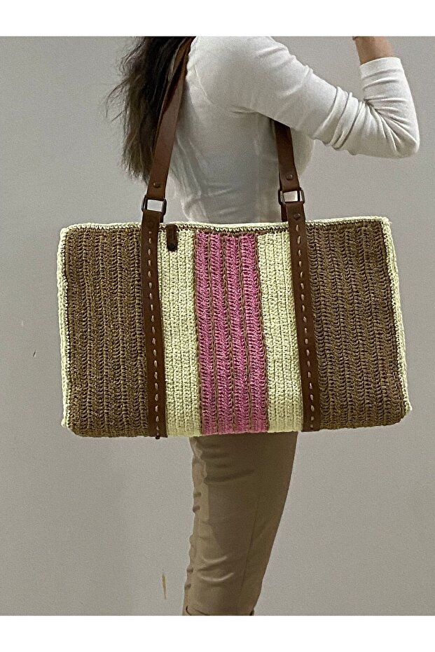 Pembe Şeritli Plaj Çantası - 5