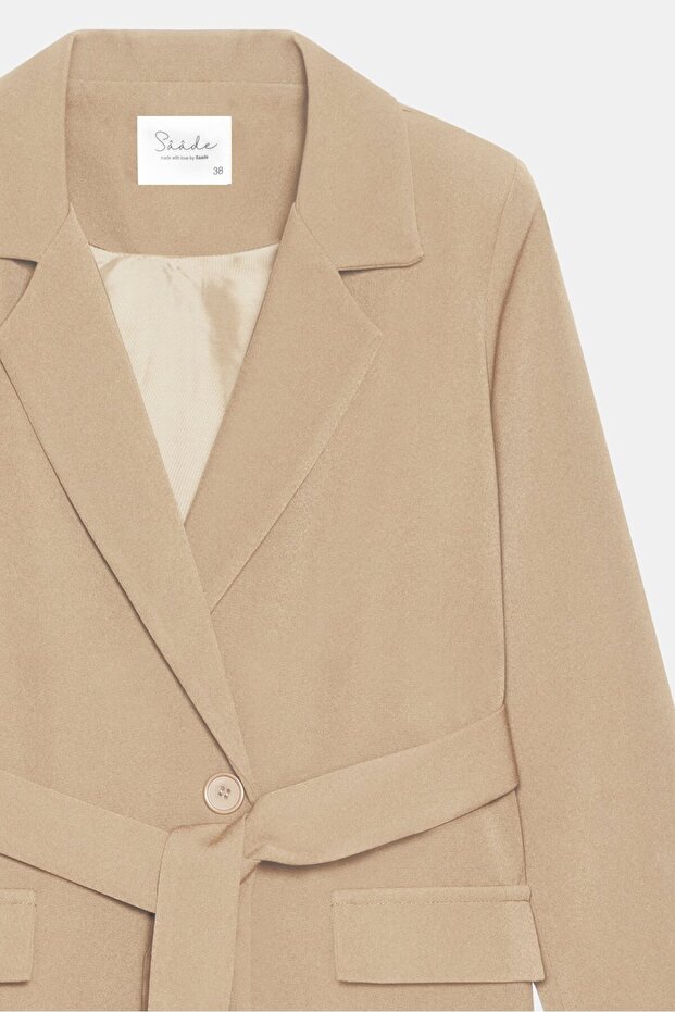 Vizon Kadın Tek Düğmeli Dokuma Kruvaze Blazer Ceket - Kuşaklı - 3