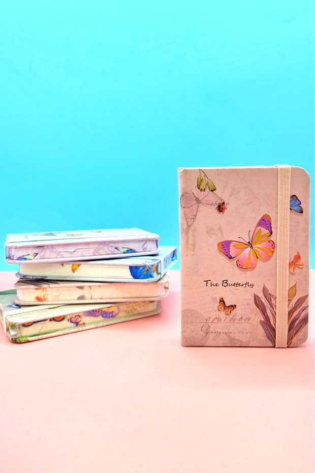 Butterfly patterned a7 notebook, elastic pocket notebook - powder