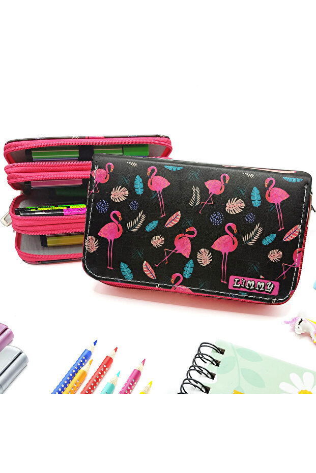 Glittery Flamingo Black Pencil Case Vegan Leather Pencil Case Three Compartment Pen Holder -Pink