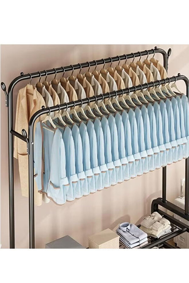 منظم علاقة ملابس معدن وحامل ملابس أسود بعجلات 110x55x150 سم - 4