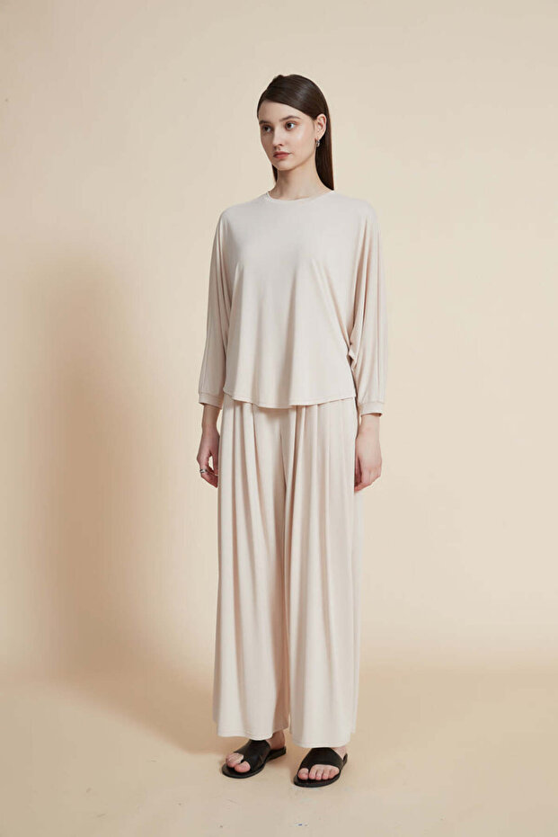 بلوزة سادة مضلعة بأكمام طويلة - 2