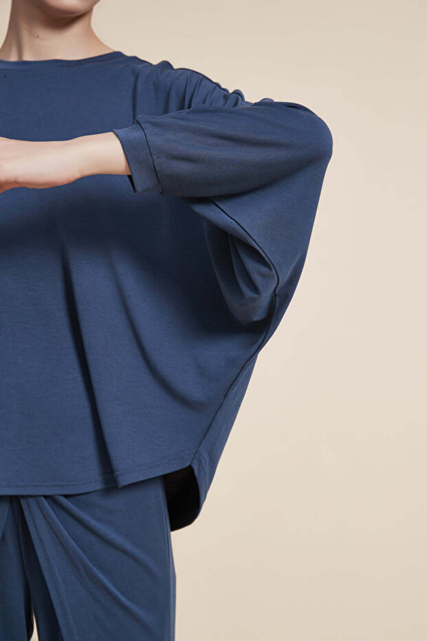 بلوزة سادة مضلعة بأكمام طويلة - 3