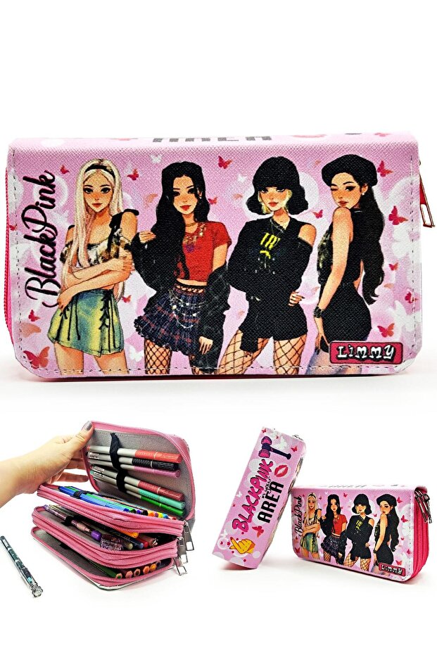 Pencil Case Black Pink Blackpink Organizer Pencilcase Vegan Leather Three Compartment Pen Holder-Pink