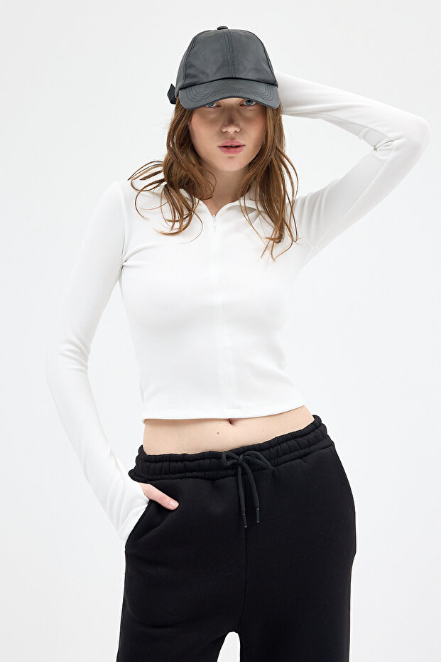 2447 Bluză cu mânecă lungă cu fermoar Ecru - 7