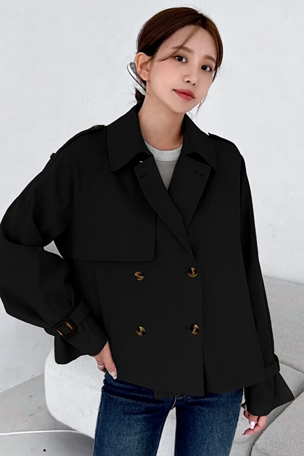 Biker Tarzı Kısa siyah Trenç - 1