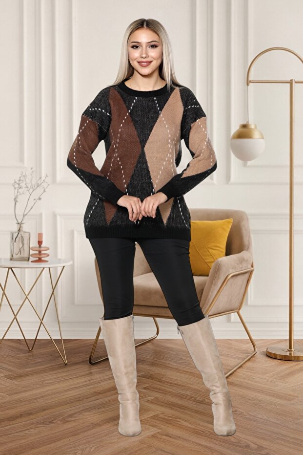 Brown-Black Crew Neck Diamond Pattern Women's Knitwear Sweater