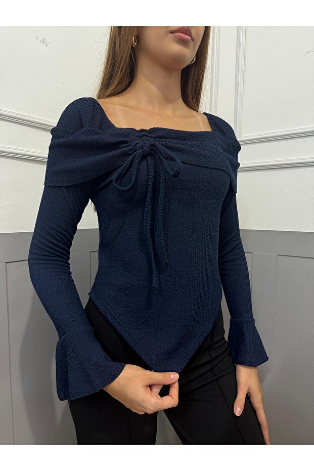 NEW SEASON Crinkled Fabric Asymmetric Cut Ruffled Long Sleeve Blouse 0025