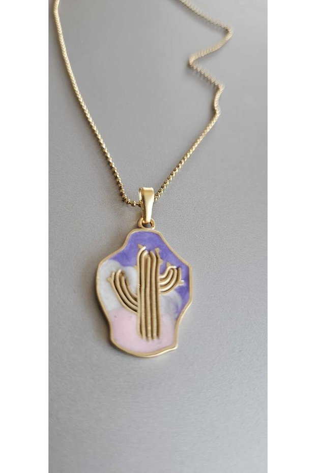 Stainless Steel Mineral Bohemian Cactus Necklace - in Purple Tones - Gold - Guaranteed