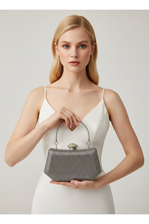 Platinum Color Stone Pearl Detailed Handle Women's Evening Dress Bag