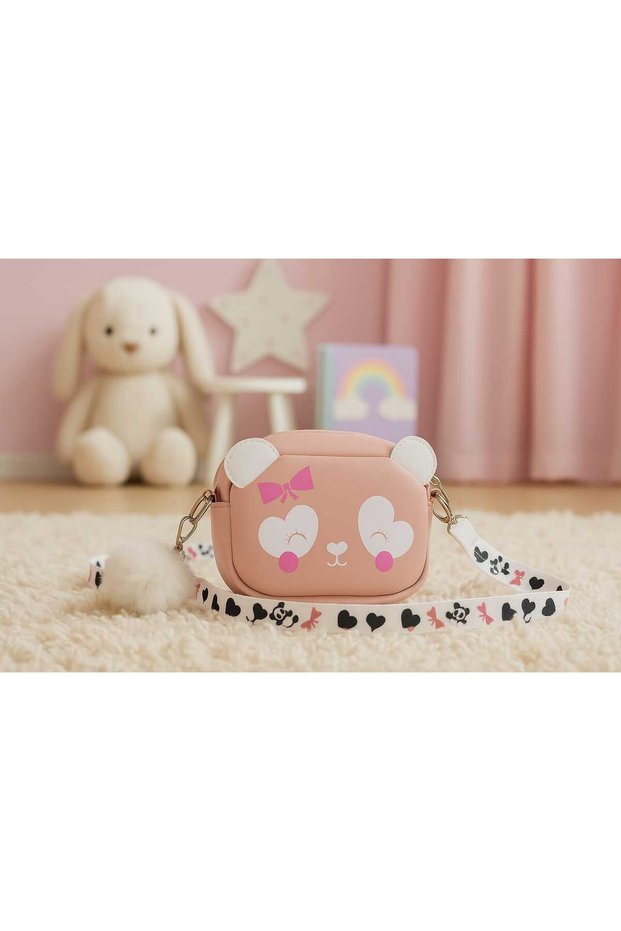 Girl's Faux Leather Crossbody Bag with Panda Figure and Pompom Detail