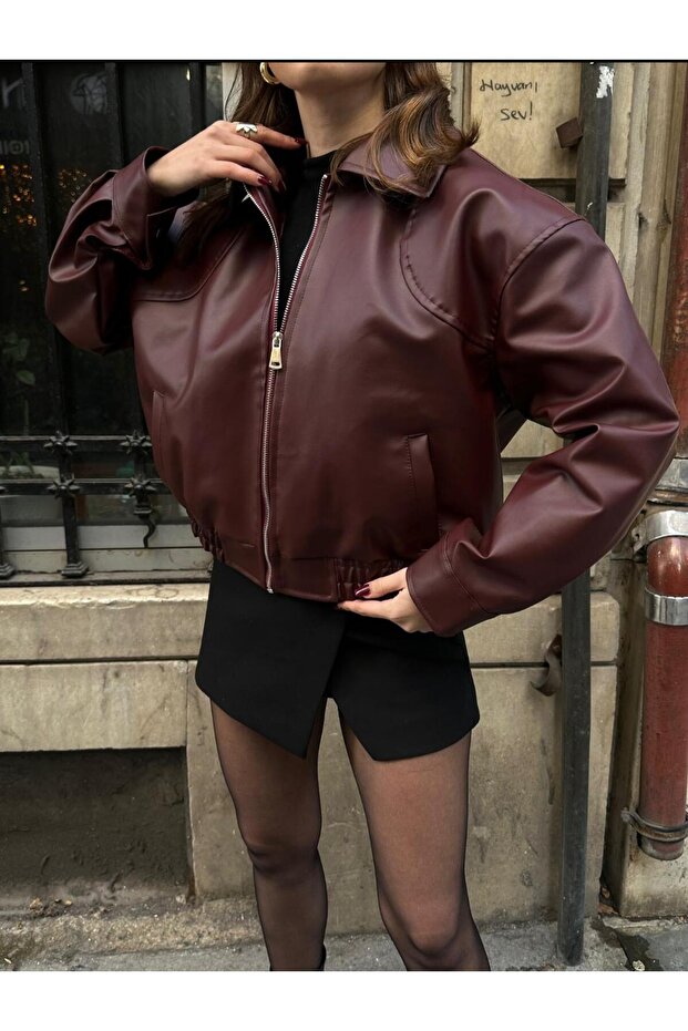 Bordo Bomber Deri Ceket - 1