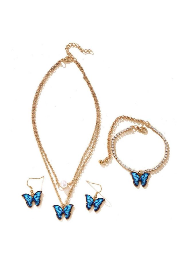 Blue Butterfly Jewelry Set Necklace, Bracelet & Earrings Trio