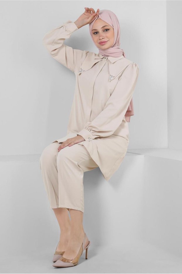 STONE DETAILED WAIST RUBBERED DOUBLE PANT SUIT 43910