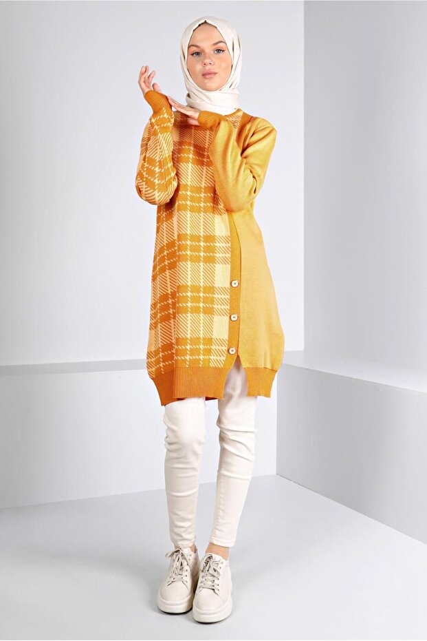 تونيك تريكو بأزرار بنقشة منقوشة 43175 - 2