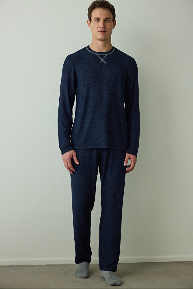 Lacivert Erkek Basic Uzun Kollu Pijama Takımı - 1