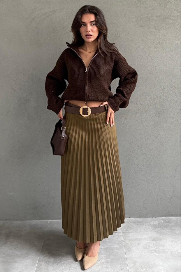Khaki Pleated Belted Long Suede Women's Skirt Mg2576