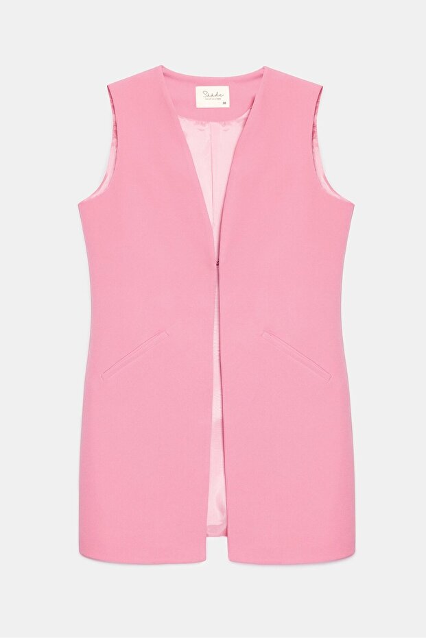 Pink Women's V-Neck Agraf Closure Comfortable Cut Pocketed Woven Long Vest