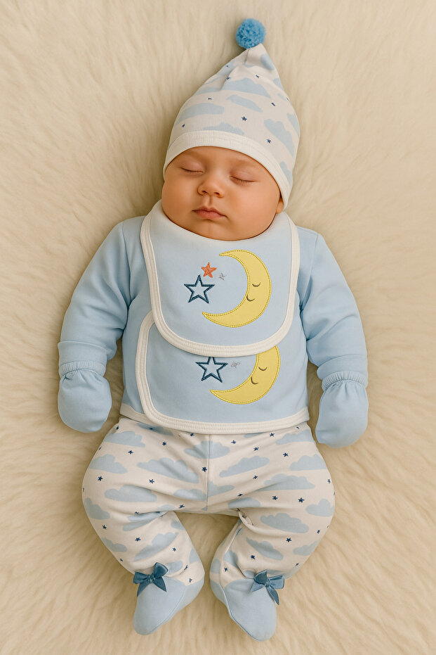 100% Cotton Baby Boy Hospital Release 5-Piece Set - Blue & Embroidered Newborn Set - Gift