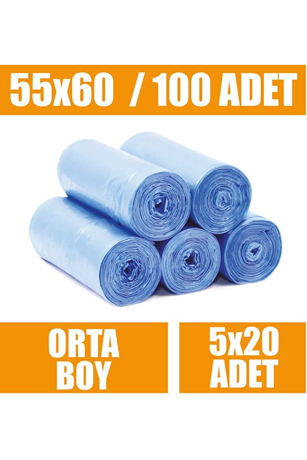 20 Li X 5 Rulo Çöp Torbası Orta Boy Mavi 55x60 Çöp Poşeti - 1