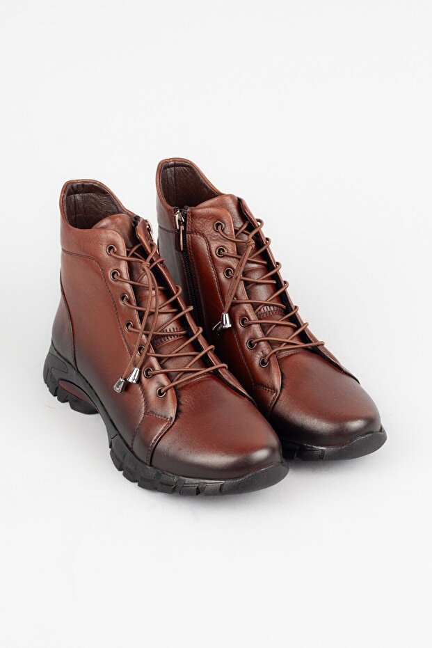 Kadın Hakiki Deri Bağcıklı ve Fermuarlı Ekstra Yumuşak Taba Bot - 5