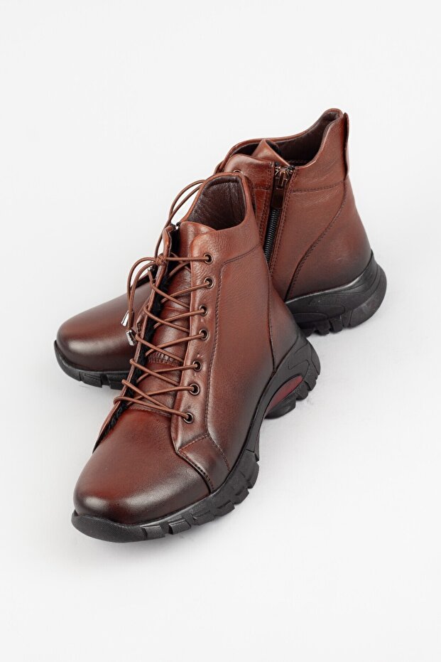 Kadın Hakiki Deri Bağcıklı ve Fermuarlı Ekstra Yumuşak Taba Bot - 6