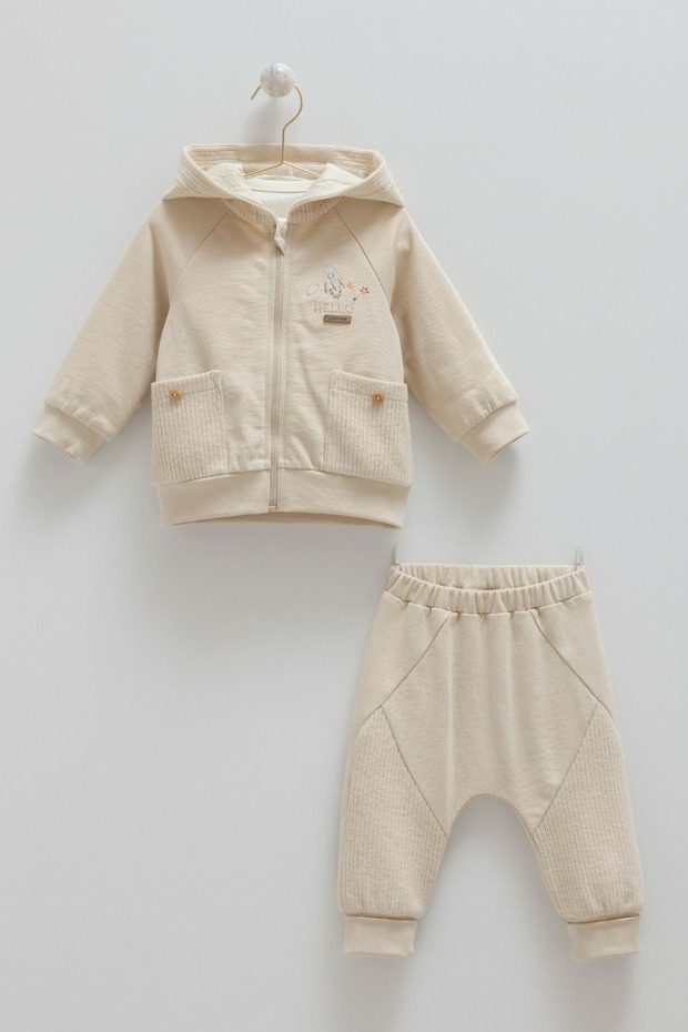 Color World Hooded Zippered Three-Piece Bottom-Up Set Brown
