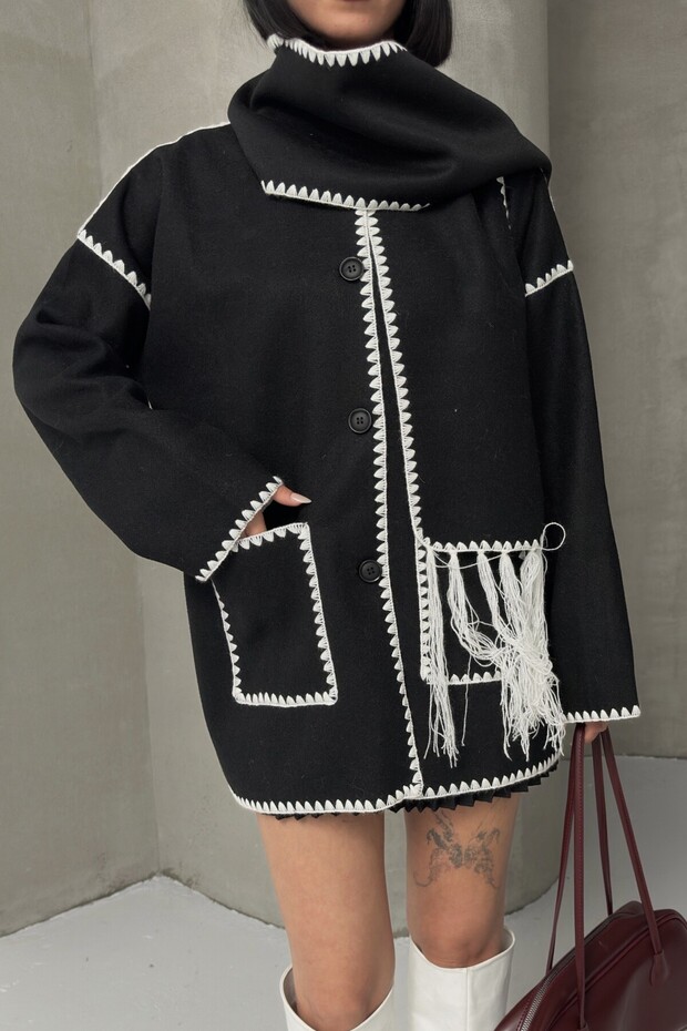 Embroidery Detailed Scarf-Styled Soft Knit Cardigan Jacket Black